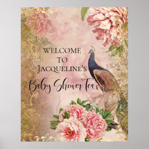 Poster Peacock Peony Floral Blush Rosa Dourado Decoupage 