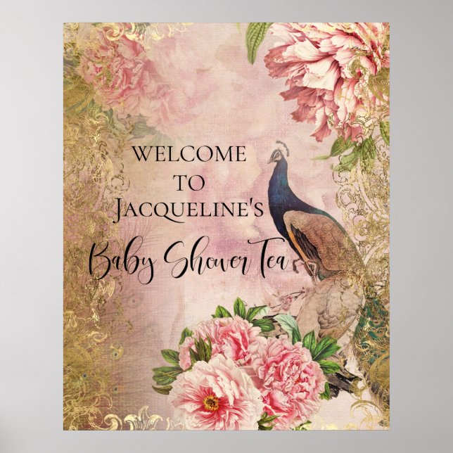 Poster Peacock Peony Floral Blush Rosa Dourado Decoupage  (Frente)