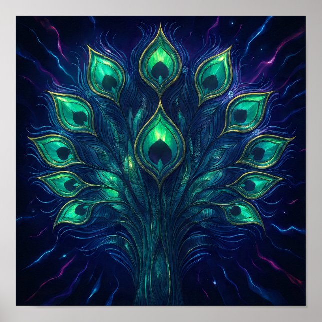 Poster Peacock Plume Pulse: Velvet Jewel Tone Abstract (Frente)