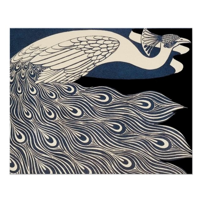 Pôster Peacock Vintage Blue Art Nouveau Art (Frente)
