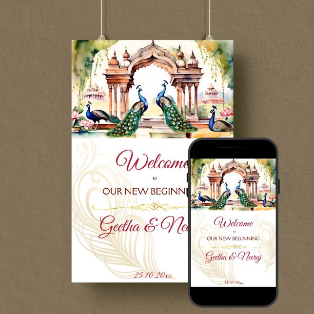 Poster Peacocks lotus jardim, sinal de boas-vindas na Índ (Peacocks lotus royal garden Indian wedding welcome sign editable template digital download)