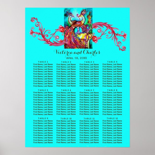 Poster PEACOCKS Red Swirl Blue Seating Chart (Frente)