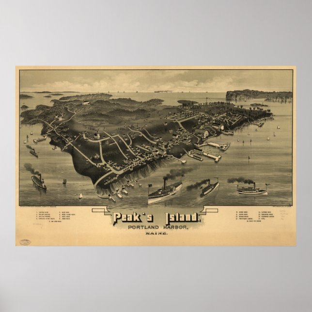 Poster Peak's Island Maine 1886 Antique Panoramic Map (Frente)