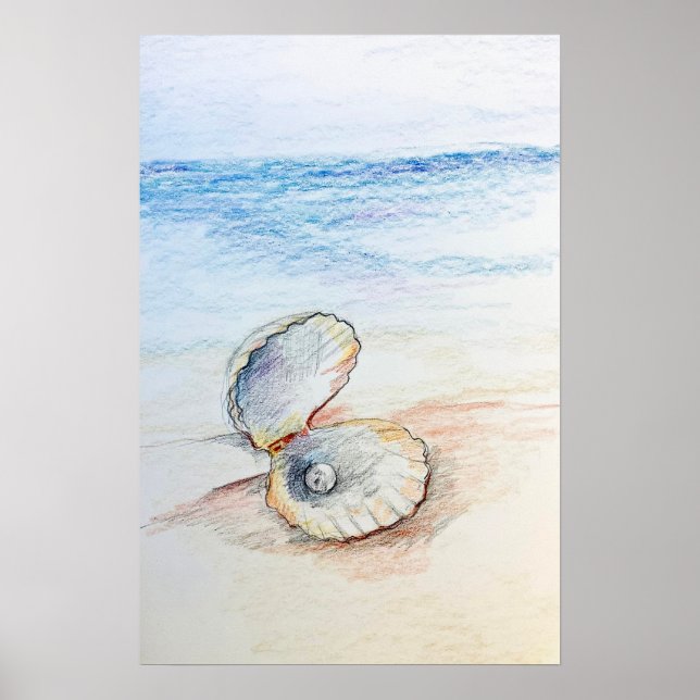 Poster Pearl In Clam Shell Ocean Beach Waves  (Frente)