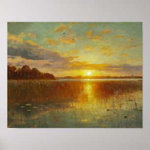 Poster Peder Monsted - por do sol sobre um fiorde