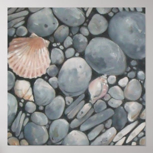 Poster Pedras da Praia Conchas Seixos Rochas Pintura Arte