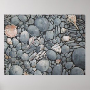 Poster Pedras da Praia Conchas Seixos Rochas Pintura Arte