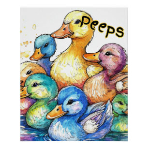Pôster Peeps-Ducks Poster de Aquarela para crianças