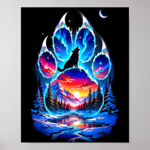 Poster Pegada Colorida Lobo Amantes de Lobos Uivando Em T