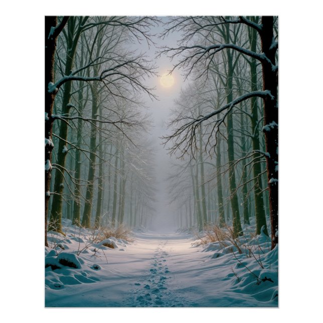 Pôster Pegadas ao Luar em uma Floresta Nevada (Frente)