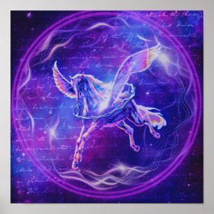 Poster Pégaso Roxo Arte de Cavalo Alado Neon na Galáxia