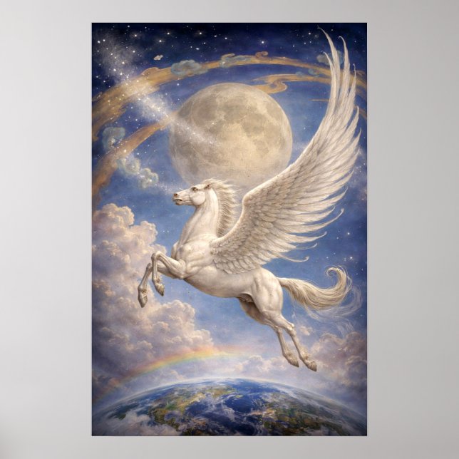 Poster Pegasus Flying Between Earth And Moon Fantasy Art (Frente)