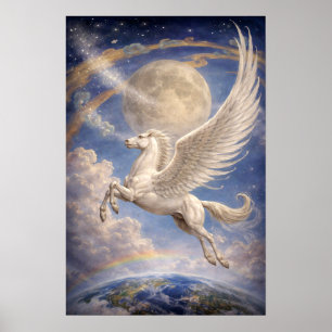 Poster Pégasus Voando Entre a Terra e a Lua Arte Fantasia