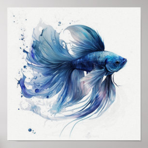 Poster Peixe Betta Azul com Nadadeiras no Estilo Aquarela