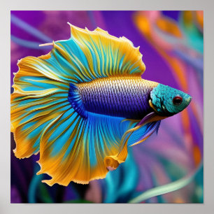 Poster Peixe Betta, azul dourado roxo