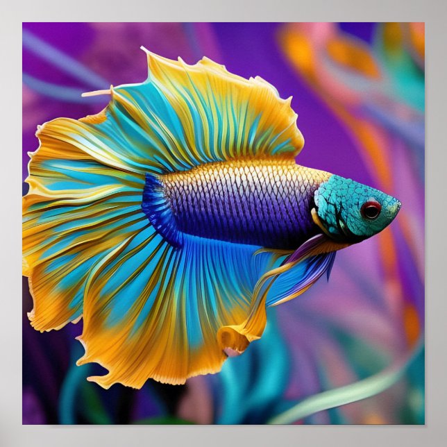 Poster Peixe Betta, azul dourado roxo (Frente)