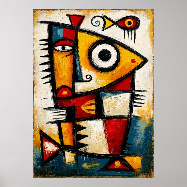 Poster Peixe Cubista Primitivo Parede Geométrica Abstrata (Frente)