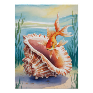Pôster Peixe-dourado-aquarela-coral