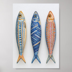 Poster Peixe em Ritmo Arte Folclórica Geométrica Colori
