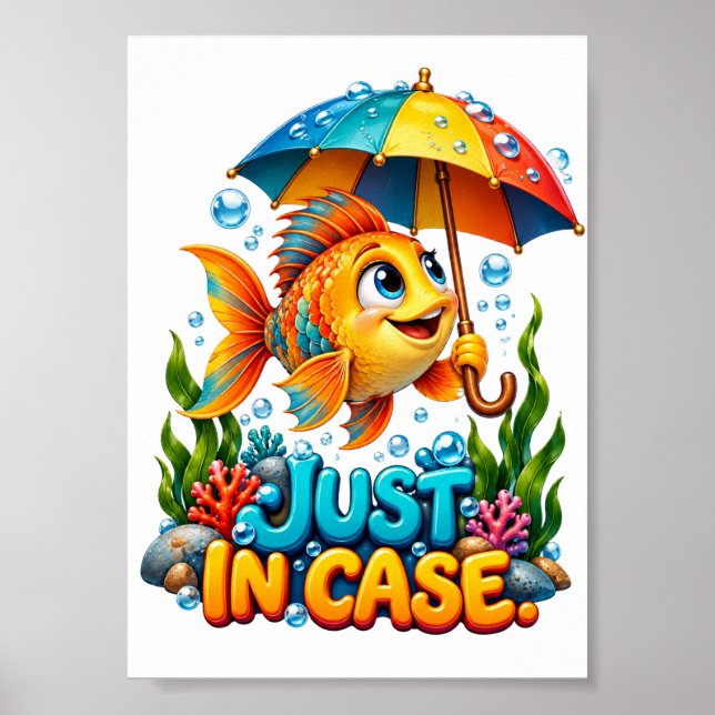 Poster Peixe Engraçado Com Guarda-Chuva (Frente)