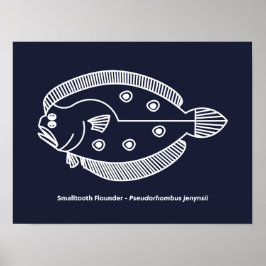 Poster Peixe-Flounder Divertido de Branco sobre o Azul Ma