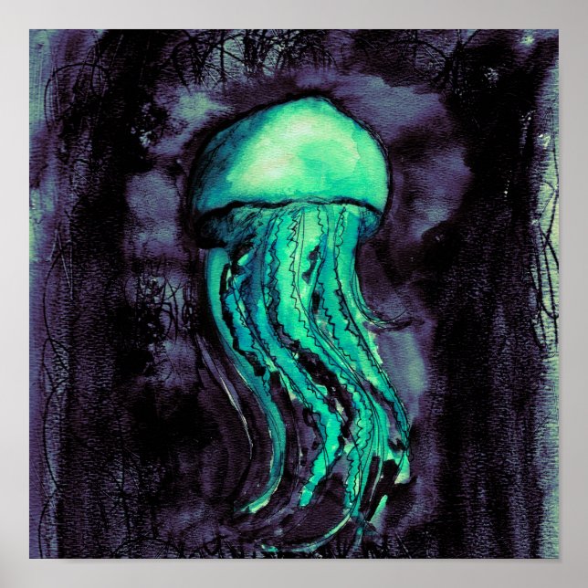 Pôster Peixe-Geleia Teal Watercolor (Frente)