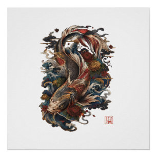 Pôster Peixe Koi Japonês Tatuagem Tradicional Japonesa