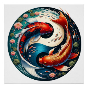 Pôster Peixe Koi Japonês Yin Yang