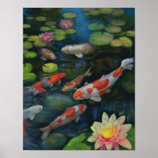 Poster Peixe Koi Nadando Lotus Flower Pond Zen Paisagem