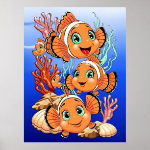 Poster Peixe palhaço Desenho animado Fofo Família Subaquá