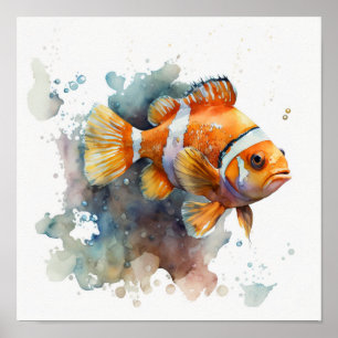 Poster Peixe-Palhaço Laranja com Salpicos de Aquarela Sua