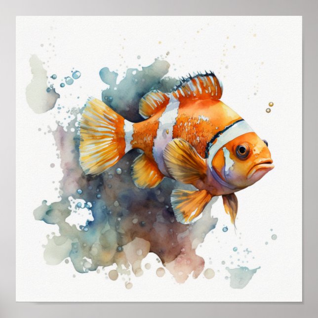 Poster Peixe-Palhaço Laranja com Salpicos de Aquarela Sua (Frente)
