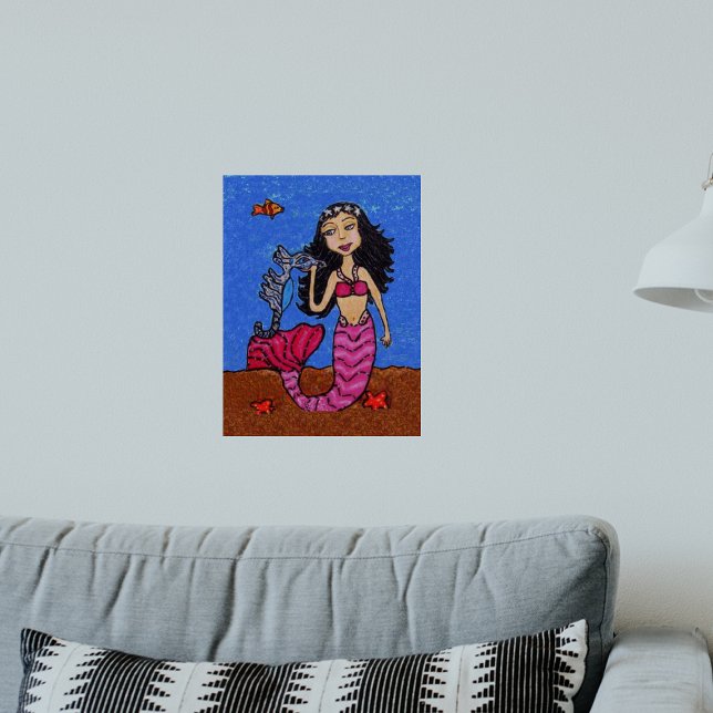 Poster Peixe-Sede bonito de Cabra Escura (Cute mermaid pink tail with star fish, seahorse in ocean blue water on wall art poster.)