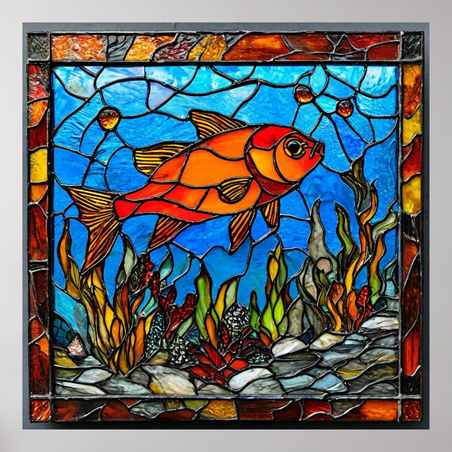 Poster Peixe Vermelho Arte em Vidro Colorido Presente Par (Frente)