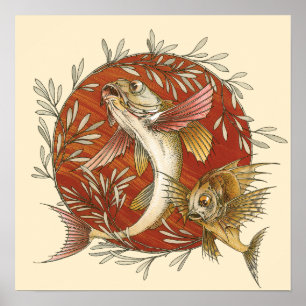 Poster Peixe Voador Japonês Antigo com Folhas de Bambu