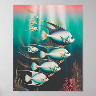 Poster Peixes-Anjo Elegantes Nadando no Oceano Profundo