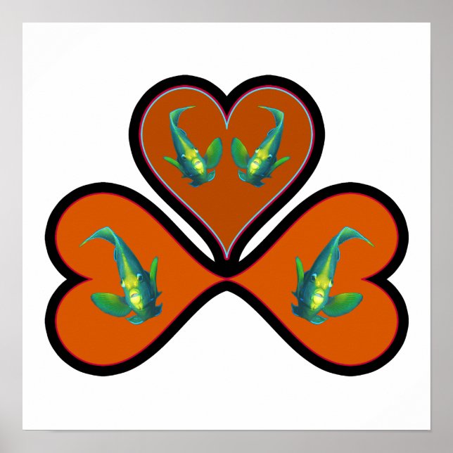 Poster Peixes-anjo Gêmeos - 3 Corações Vermelhos com Bord (Frente)