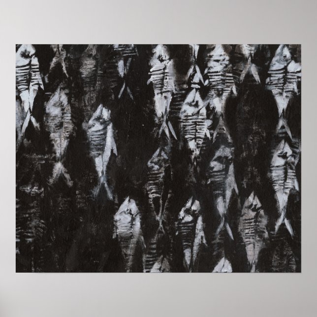 Poster Peixes Brancos Fósseis em Fundo Negro (Frente)