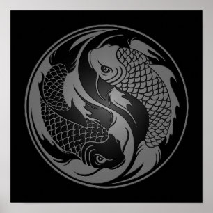 Pôster Peixes cinzentos e pretos de Yin Yang Koi