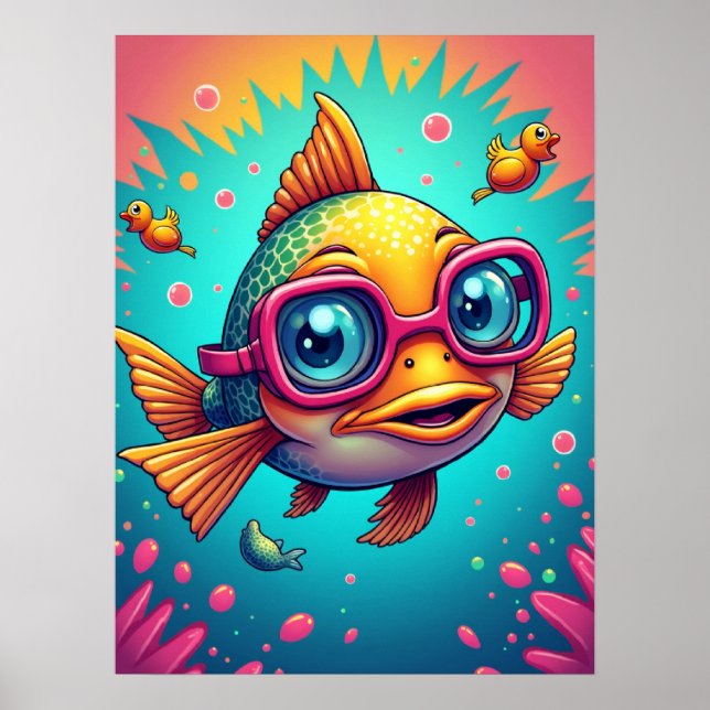 Poster Peixes Confundidos em Óculos de Nadação - Arte Pop (Frente)