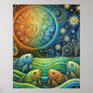 Poster Peixes Cósmicos e Ondas do Oceano Vibrantes sob o