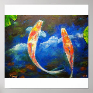 Pôster Peixes de Koi com arte das reflexões da nuvem