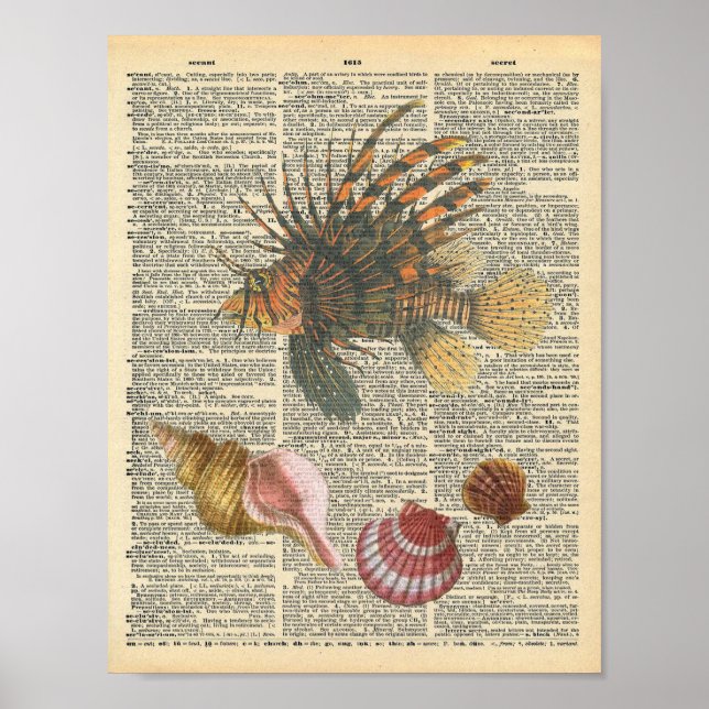 Pôster Peixes de Leão de Arte do Dicionário Vintage e Pra (Frente)