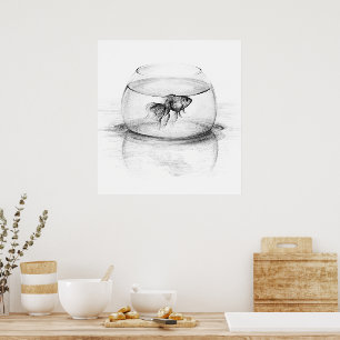 Poster Peixes dourados em tigela e água Desenho a lápis a