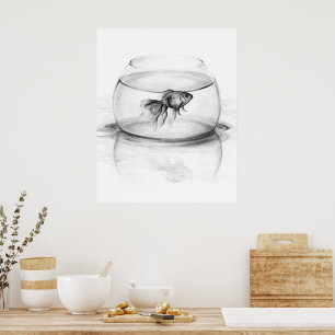 Poster Peixes dourados em tigela e água Desenho a lápis a