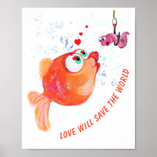 Poster Peixes Engraçados e Vermes Adoram Desenho Românt