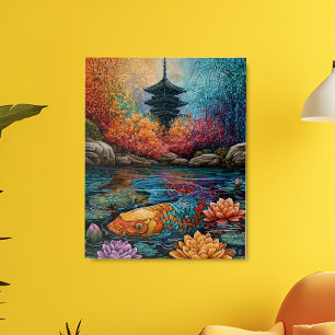 Pôster Peixes Koi Arco-Íris Jardim Pagode Japonês