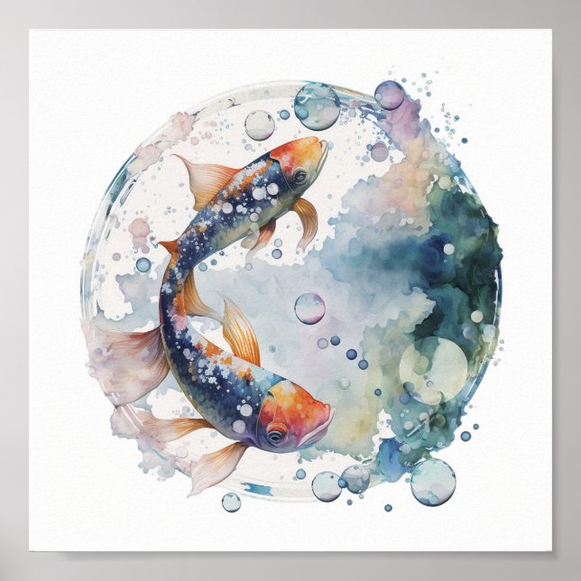 Poster Peixes Koi Japoneses Em Bolha (Frente)