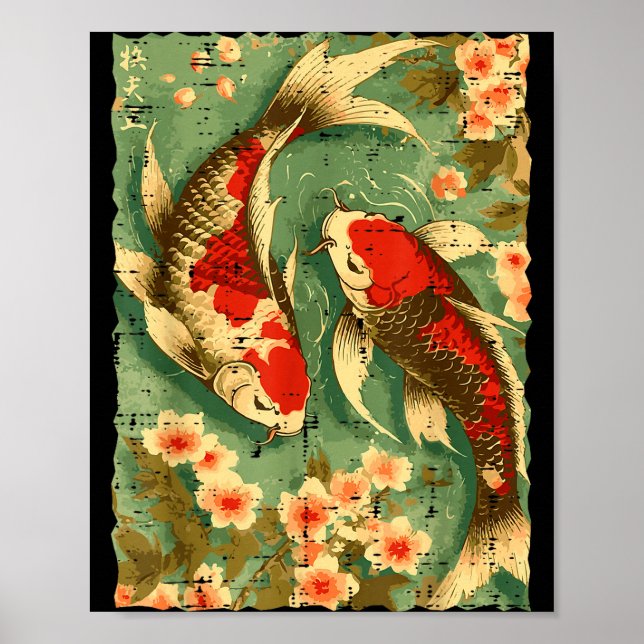 Poster Peixes Koi Japoneses Flores de Cerejeira Sakura Ar (Frente)