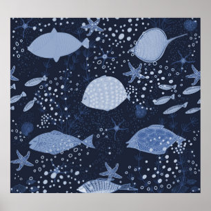 Poster Peixes monocromáticos dormindo, padrão escuro.